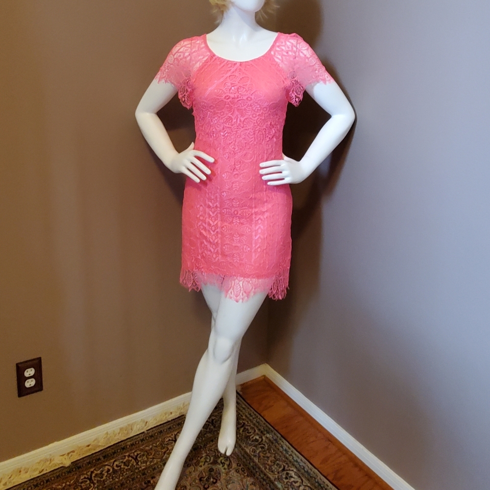 SIGNATURE8 neon pink eyelash lace open back dress